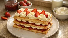 Millefoglie di rose ohne Ei: knuspriger Blätterteig mit Mascarpone und Erdbeeren