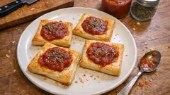 Blätterteig-Pizzette in Quadraten – knusprig, tomatig, in 20 Minuten gebacken