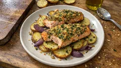 Saftige Lachstranchen mit Kartoffeln aus dem Airfryer – alles in einem Korb