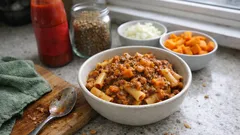 Vegane Pasta mit Linsen-Kürbis-Ragù – sämig, würzig und ideal fürs Meal Prep