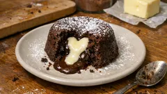 Schoggi-Tortino aus dem Ofen: flüssiger Kern mit weissem Schoggi-Herz