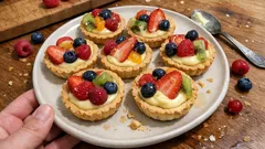 Cestini di frutta: knusprige Mürbeteig-Körbchen mit Creme, Früchten und Glanzguss