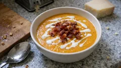 Sämige Lauch-Rüebli-Vellutata mit Zitronenduft und knuspriger Pancetta